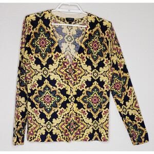 Talbots Sweater Cardigan Size Petite Medium Multicolor V-Neck Pure Merino Wool